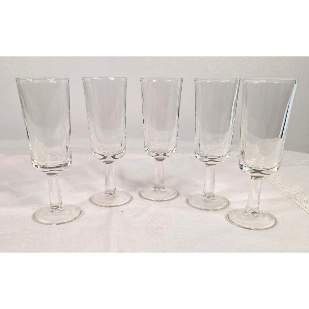 Vintage Clear Glass Cordial Shot Stemware Glasses Set of 5 Mini Flutes 4.25in